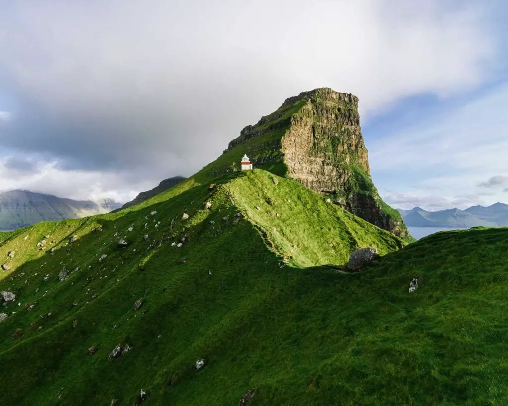 Faroe Islands landscape with Kallur Lighthouse on the island