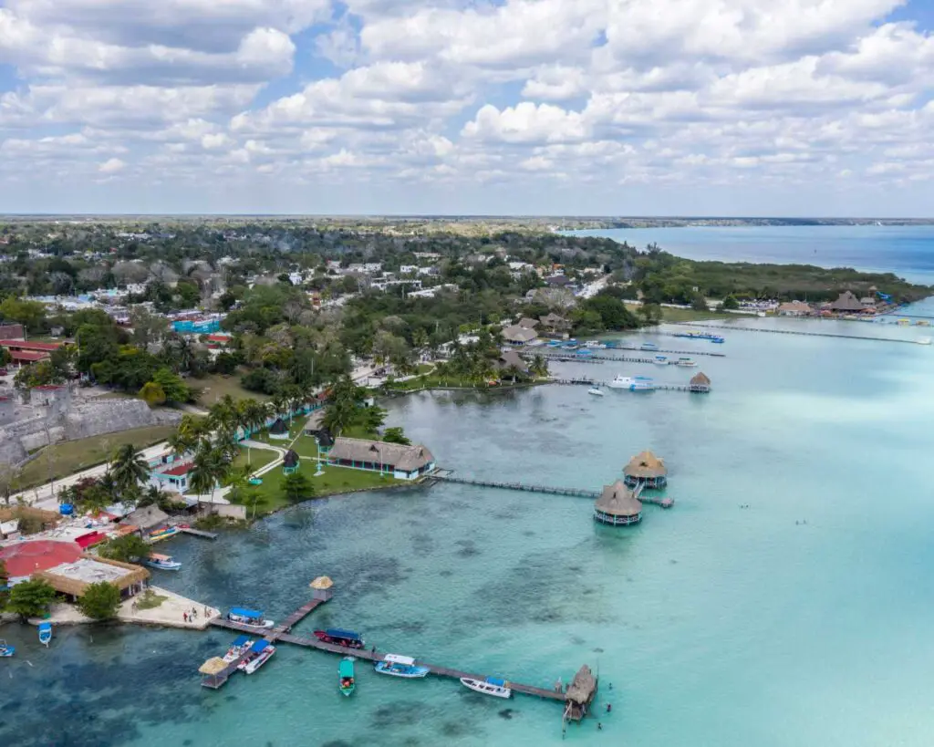 Drone view of Bacalar laguna in Mexico